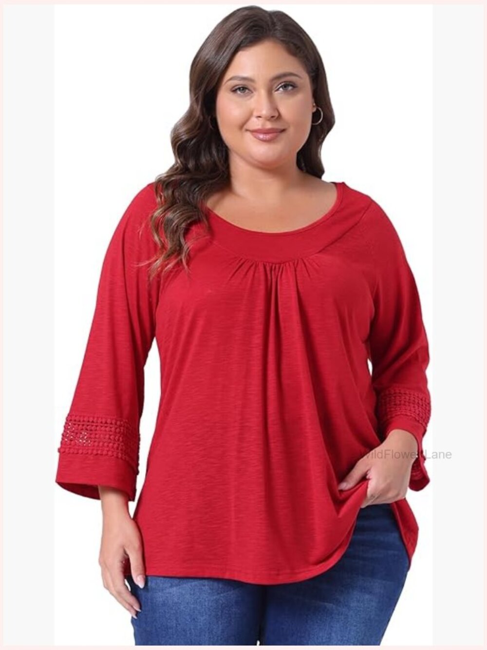 Plus Size Crochet Kimono Top - Ruched Front Long Sleeve Tunic
